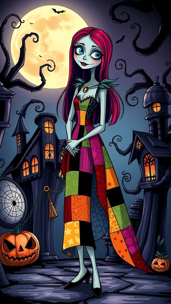 Sally from The Nightmare Before Christmas in her patchwork dress against a Halloween Town backdrop.
